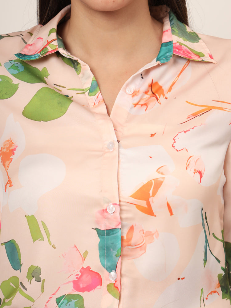 Women'S Luxury Satin Multicolour Long Length Curved Hem Digital Print Shirt