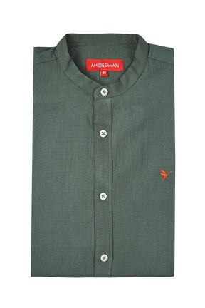 Amswan Premium Men's Green Crinkle Cotton Shirt - Mandarin Collar, Long Sleeves