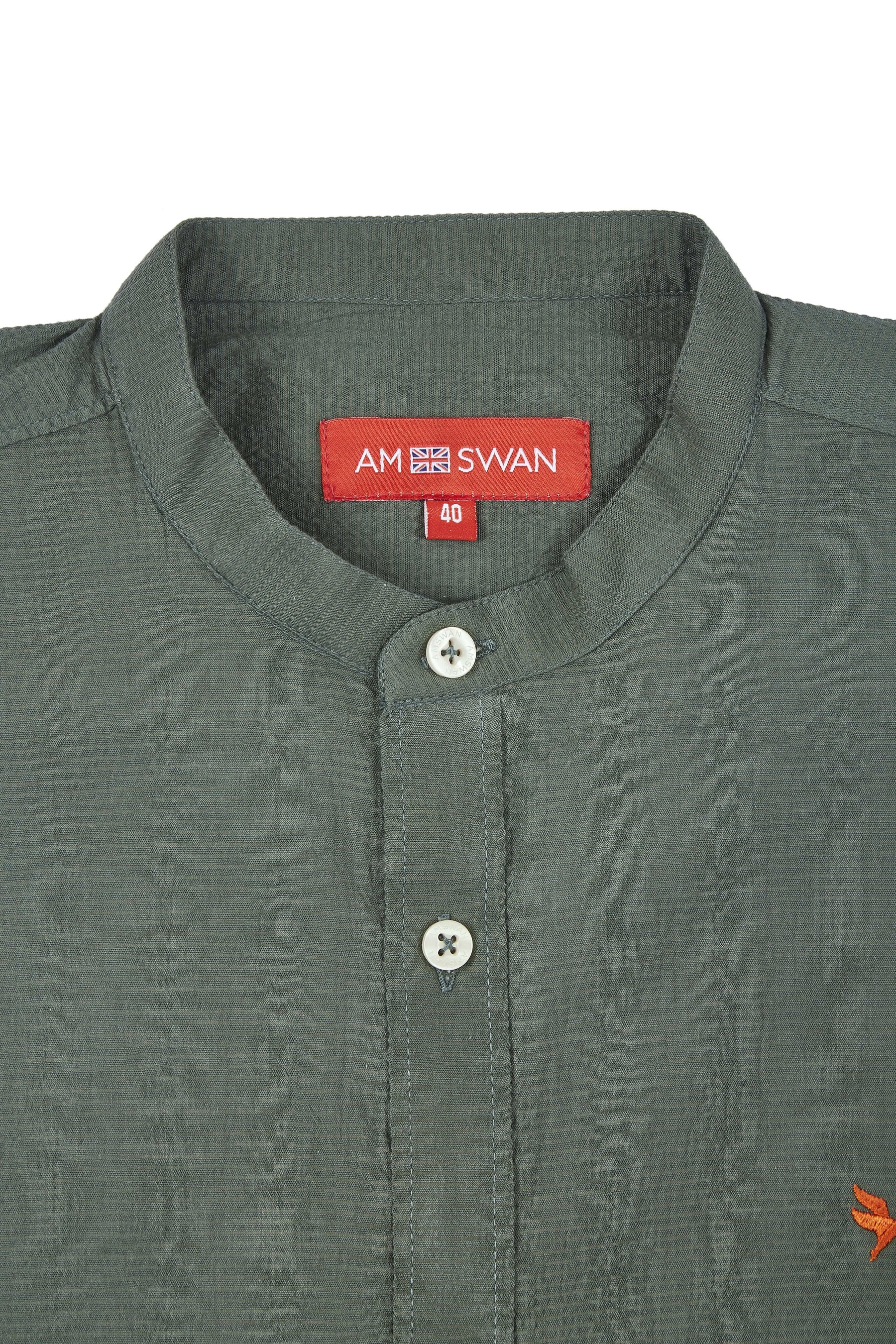 Amswan Premium Men's Green Crinkle Cotton Shirt - Mandarin Collar, Long Sleeves