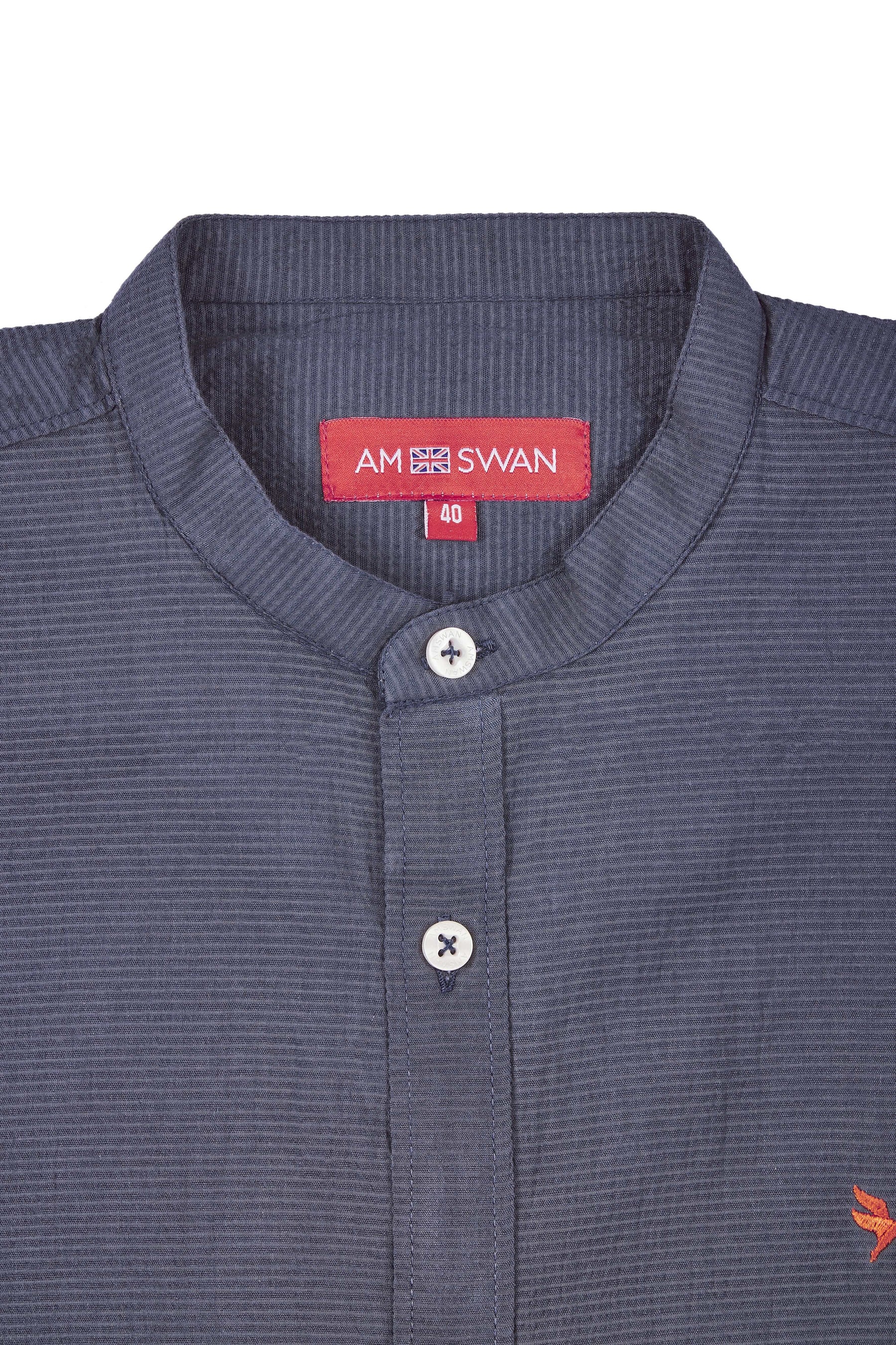 Amswan Premium Men's Blue Crinkle Cotton Shirt - Mandarin Collar, Long Sleeves