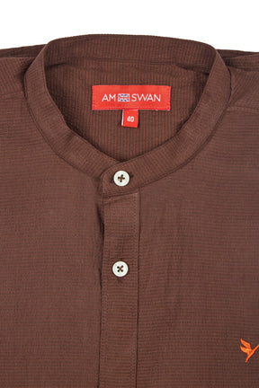 Premium Men's Brown Crinkle Cotton Shirt - Mandarin Collar, Long Sleeves