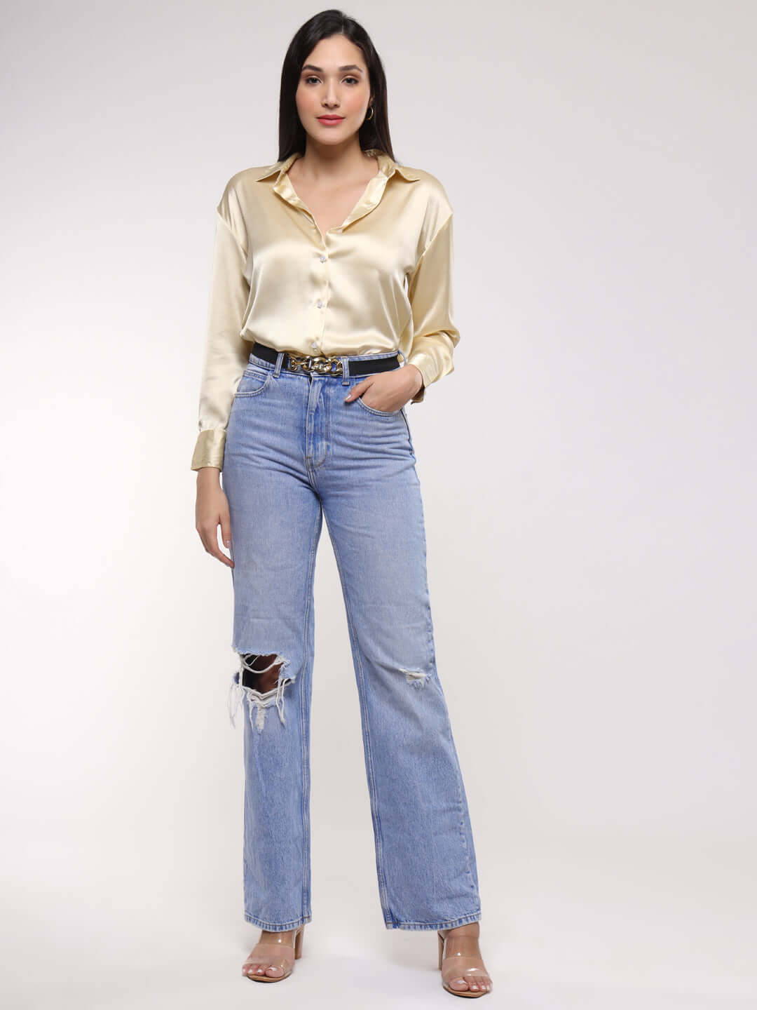 Women'S Premium Buff Drop Shoulder Oversized Satin Shirt