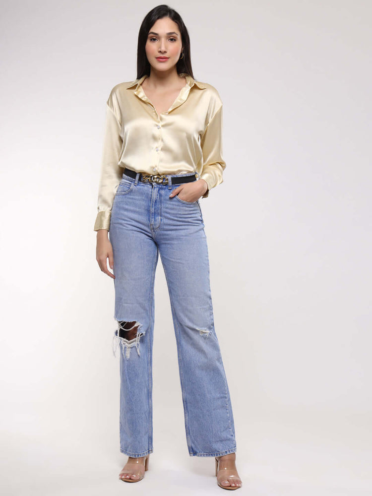 Women'S Premium Buff Drop Shoulder Oversized Satin Shirt