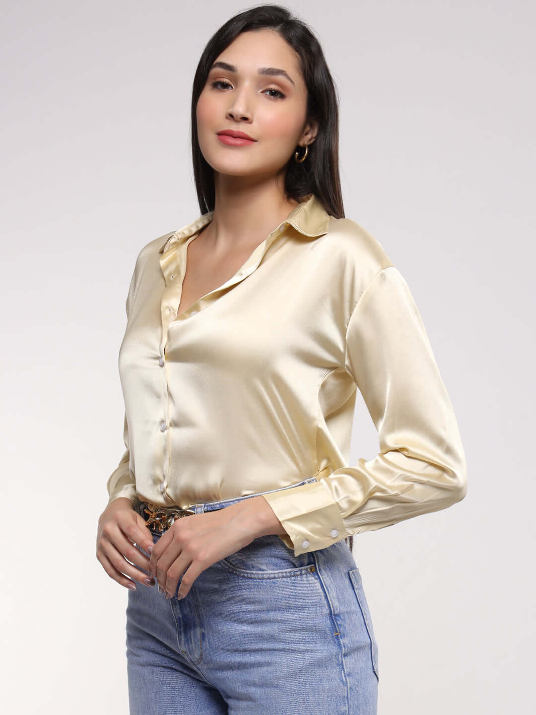 Women'S Premium Buff Drop Shoulder Oversized Satin Shirt