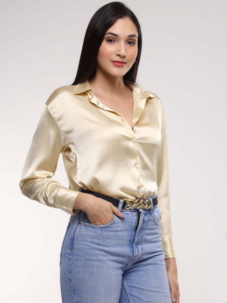 Women'S Premium Buff Drop Shoulder Oversized Satin Shirt