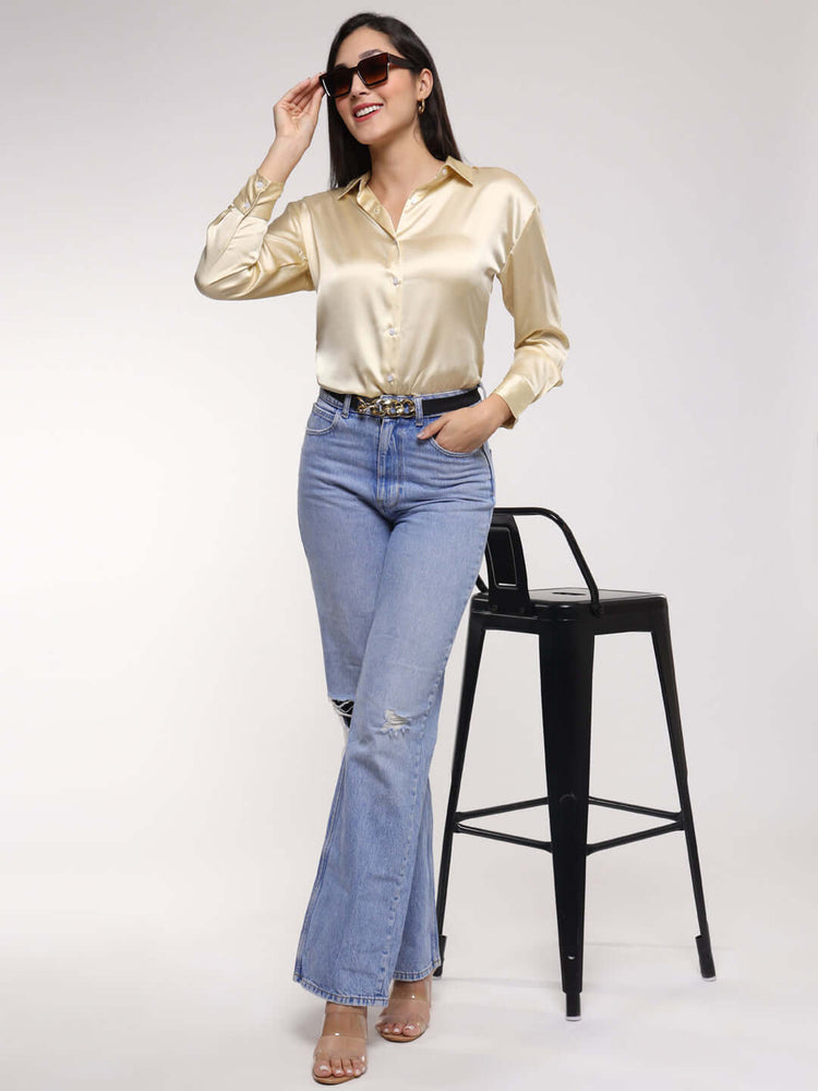 Women'S Premium Buff Drop Shoulder Oversized Satin Shirt