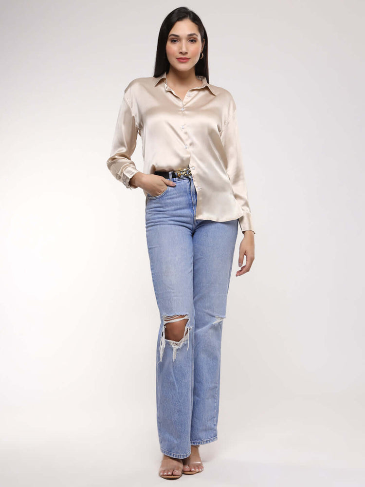 Women'S Premium Champagne Drop Shoulder Oversized Satin Shirt