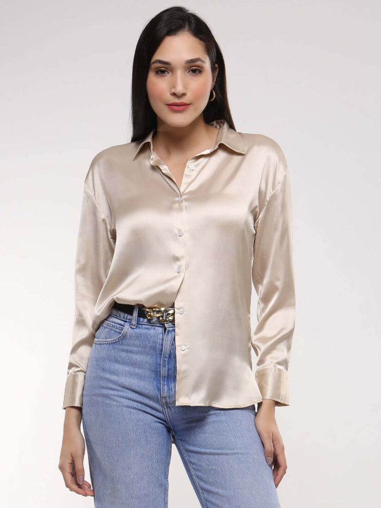 Women'S Premium Champagne Drop Shoulder Oversized Satin Shirt