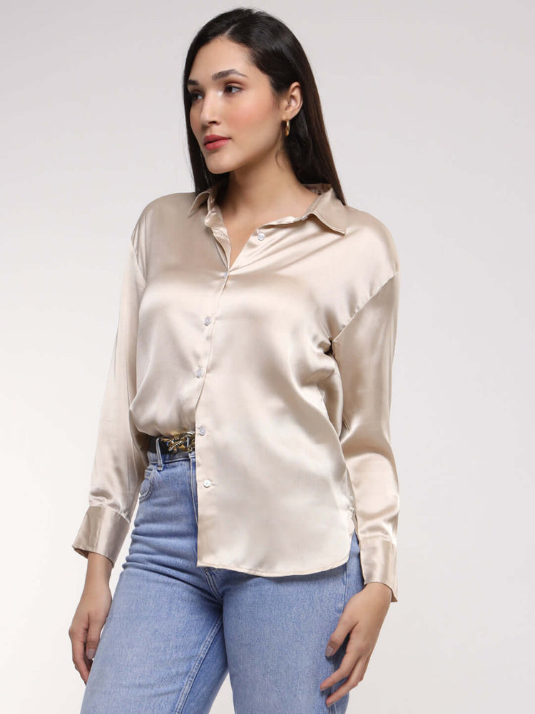 Women'S Premium Champagne Drop Shoulder Oversized Satin Shirt