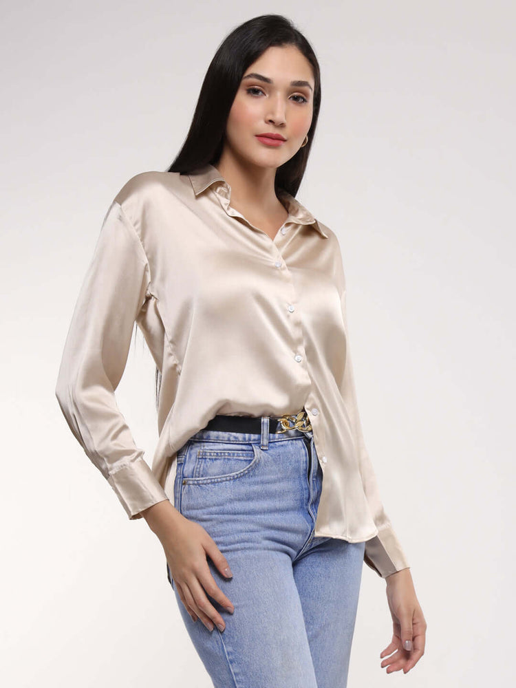 Women'S Premium Champagne Drop Shoulder Oversized Satin Shirt