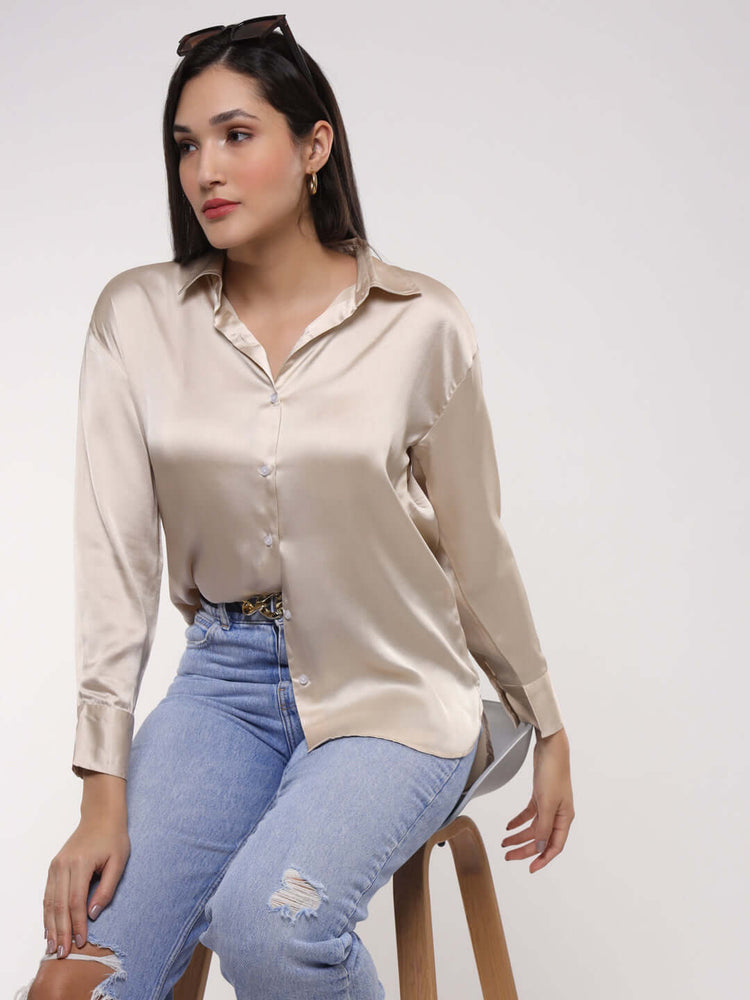 Women'S Premium Champagne Drop Shoulder Oversized Satin Shirt