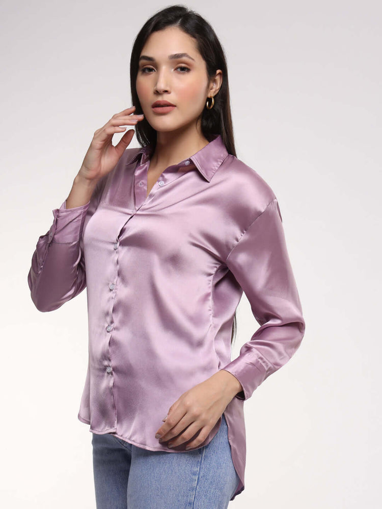 Women'S Premium Lilac Drop Shoulder Oversized Satin Shirt