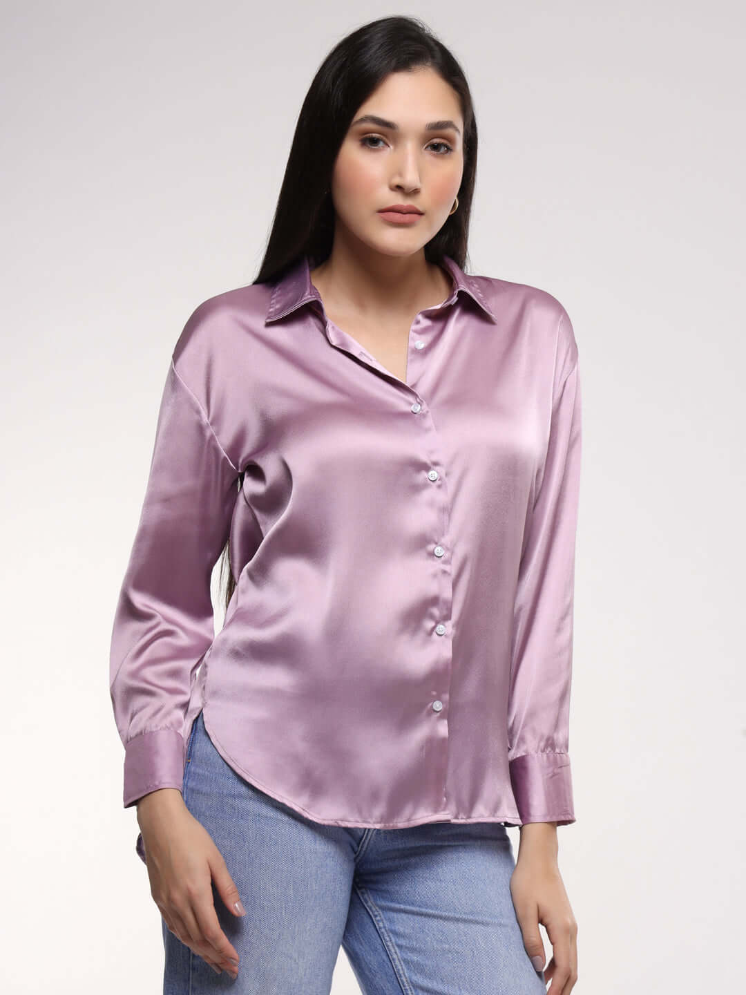 Women'S Premium Lilac Drop Shoulder Oversized Satin Shirt