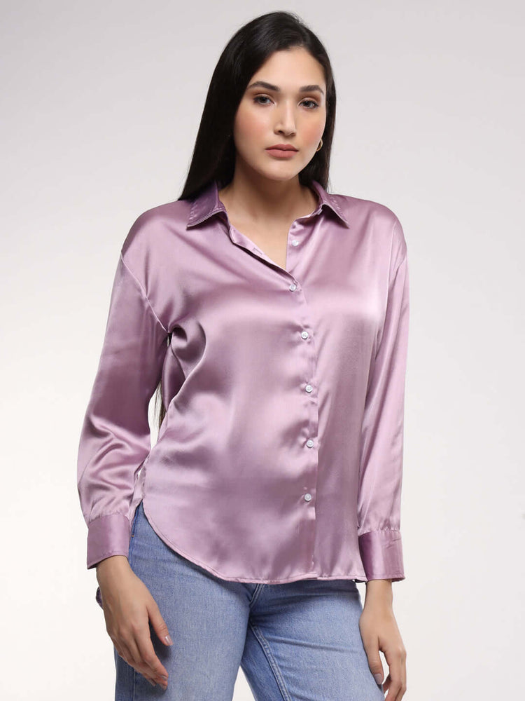 Women'S Premium Lilac Drop Shoulder Oversized Satin Shirt