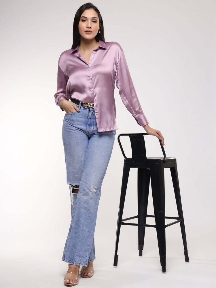 Women'S Premium Lilac Drop Shoulder Oversized Satin Shirt