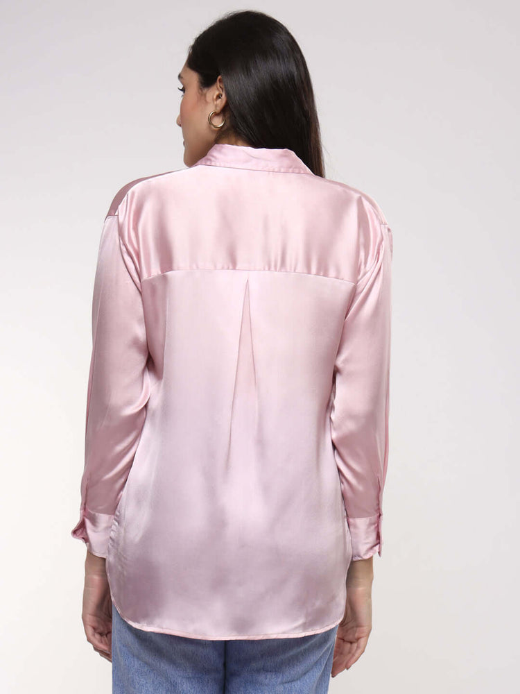 Women'S Premium Light Pink Drop Shoulder Oversized Satin Shirt