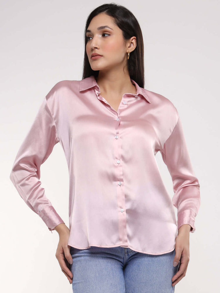 Women'S Premium Light Pink Drop Shoulder Oversized Satin Shirt