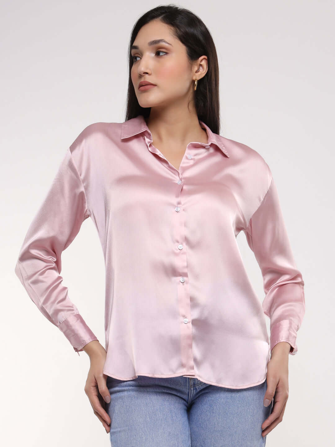 Women's Premium Light Pink Drop Shoulder Oversized Satin Shirt