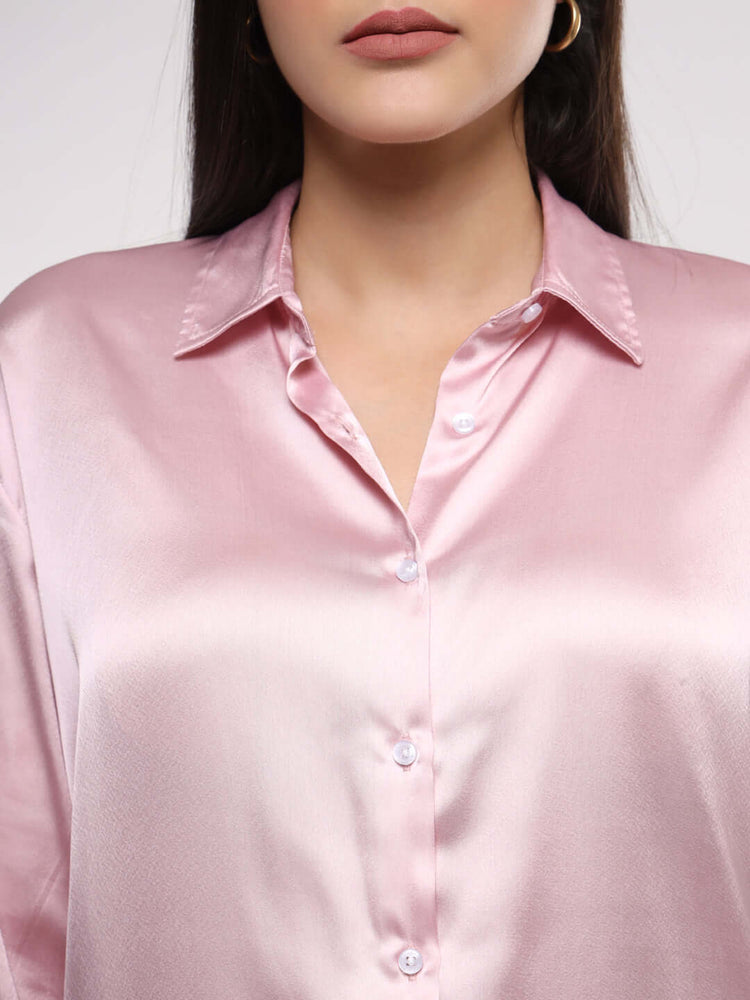 Women'S Premium Light Pink Drop Shoulder Oversized Satin Shirt