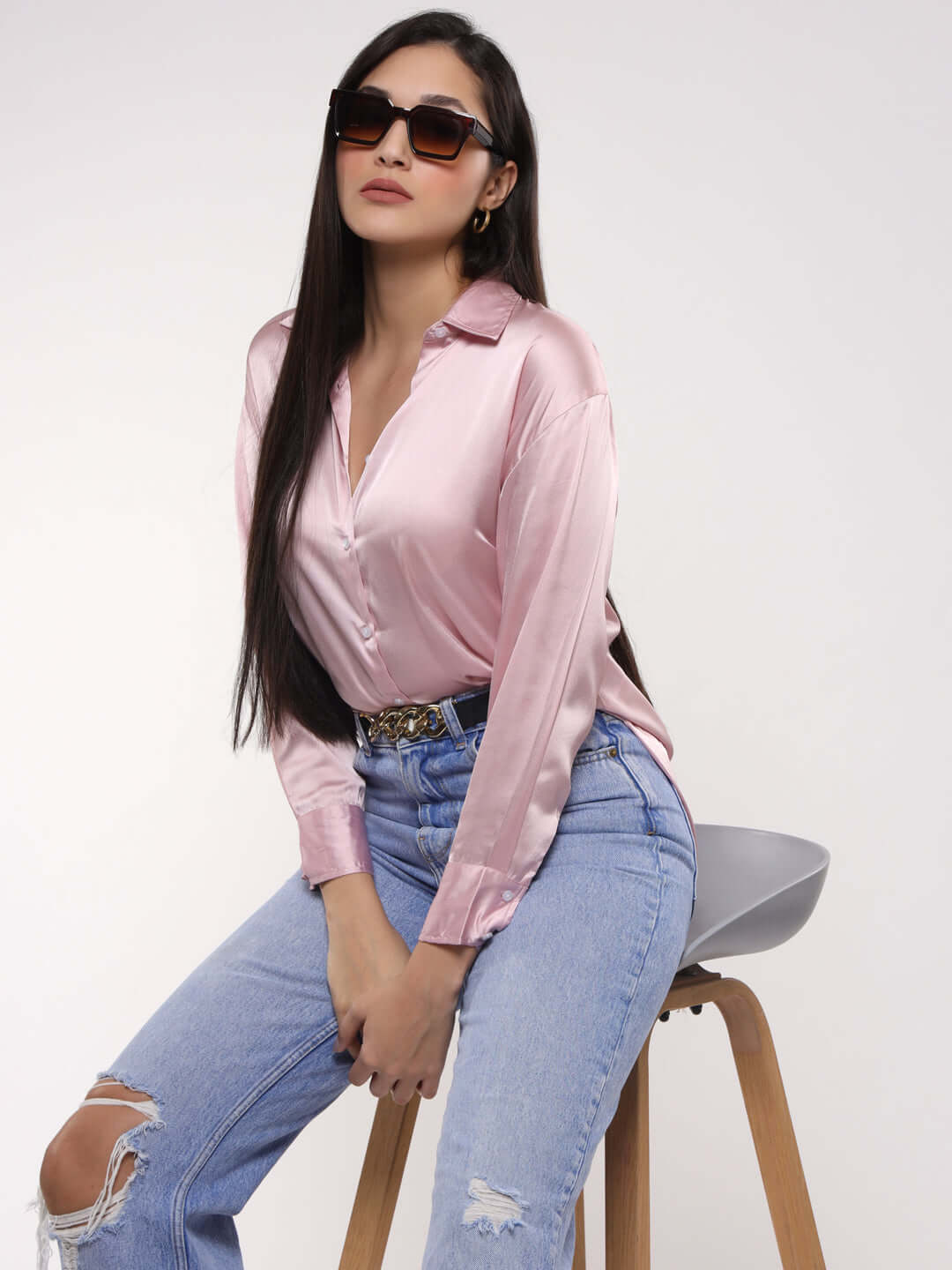 Women'S Premium Light Pink Drop Shoulder Oversized Satin Shirt