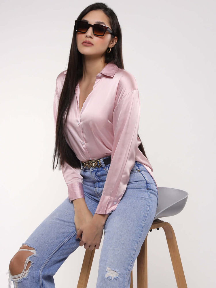 Women'S Premium Light Pink Drop Shoulder Oversized Satin Shirt