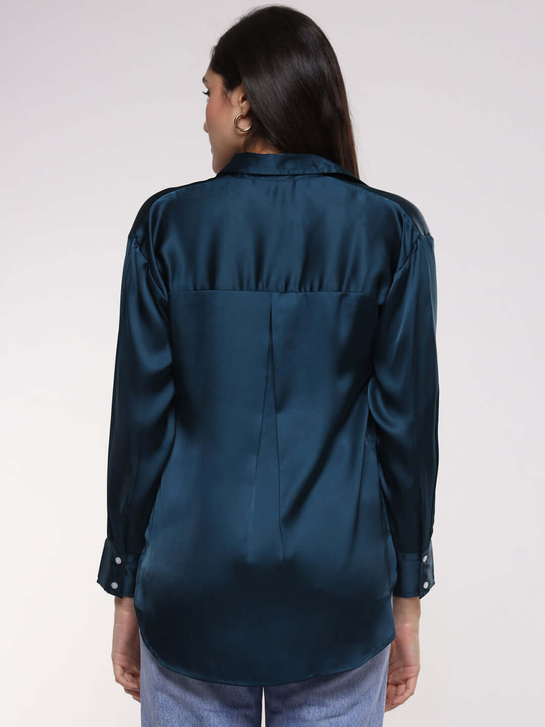 Women'S Premium Deep Teal Drop Shoulder Oversized Satin Shirt
