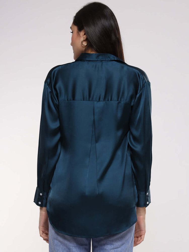 Women'S Premium Deep Teal Drop Shoulder Oversized Satin Shirt