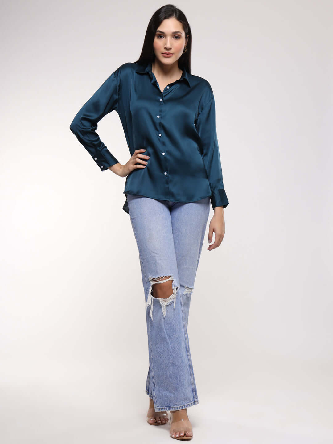 Women'S Premium Deep Teal Drop Shoulder Oversized Satin Shirt