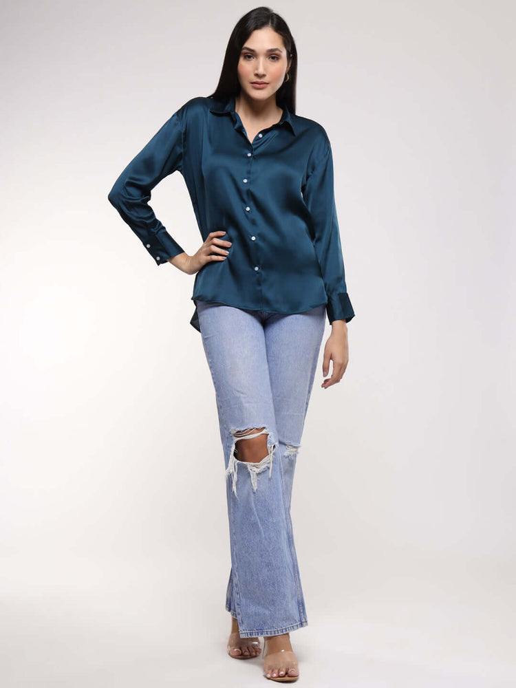 Women'S Premium Deep Teal Drop Shoulder Oversized Satin Shirt