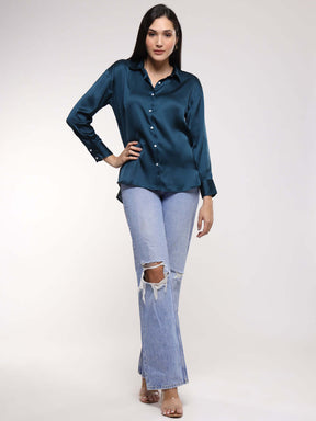 Women's Premium Deep Teal  Drop Shoulder Oversized Summer Satin Shirt