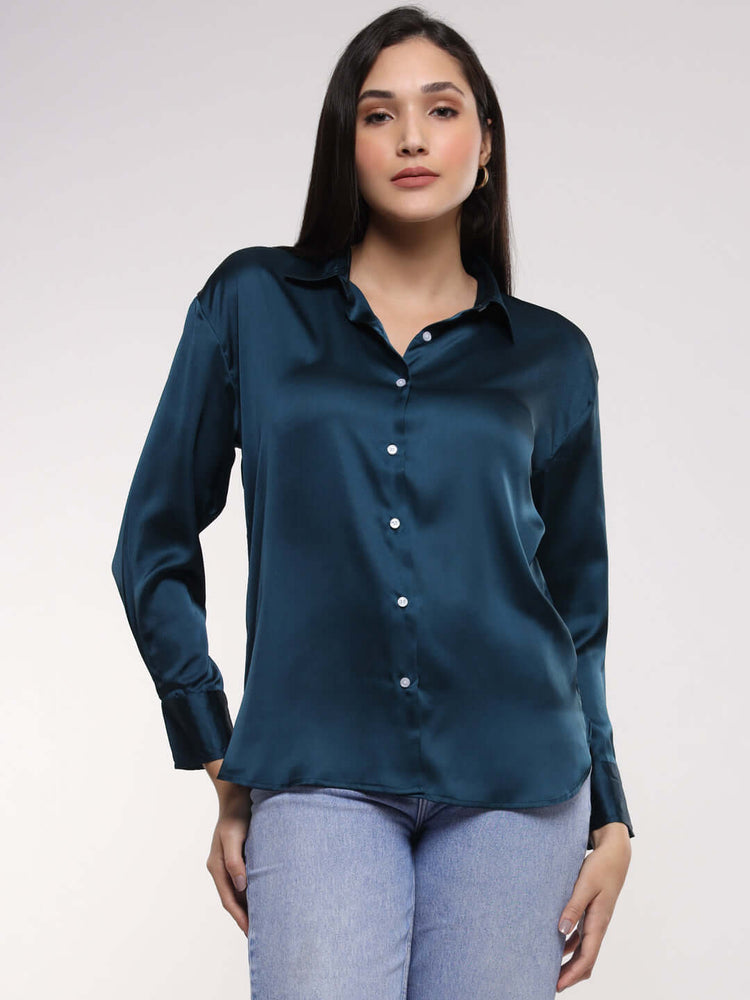 Women'S Premium Deep Teal Drop Shoulder Oversized Satin Shirt