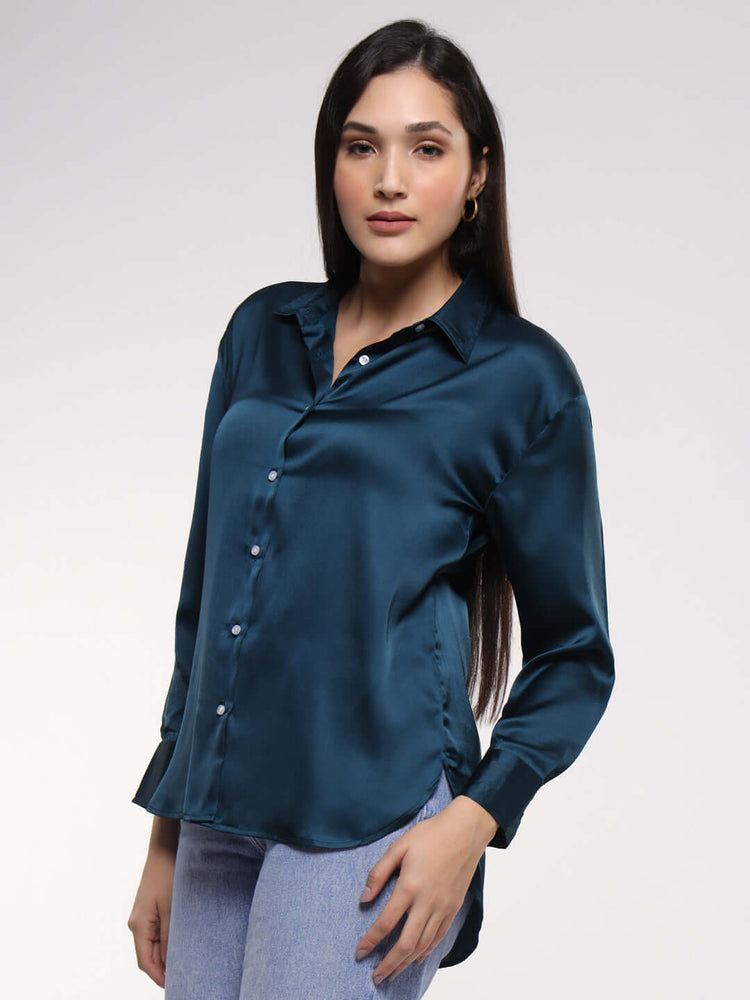 Women'S Premium Deep Teal Drop Shoulder Oversized Satin Shirt
