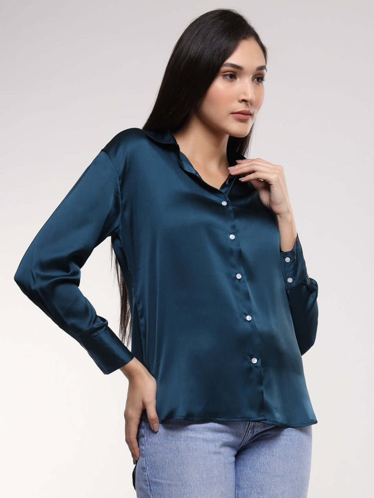 Women'S Premium Deep Teal Drop Shoulder Oversized Satin Shirt