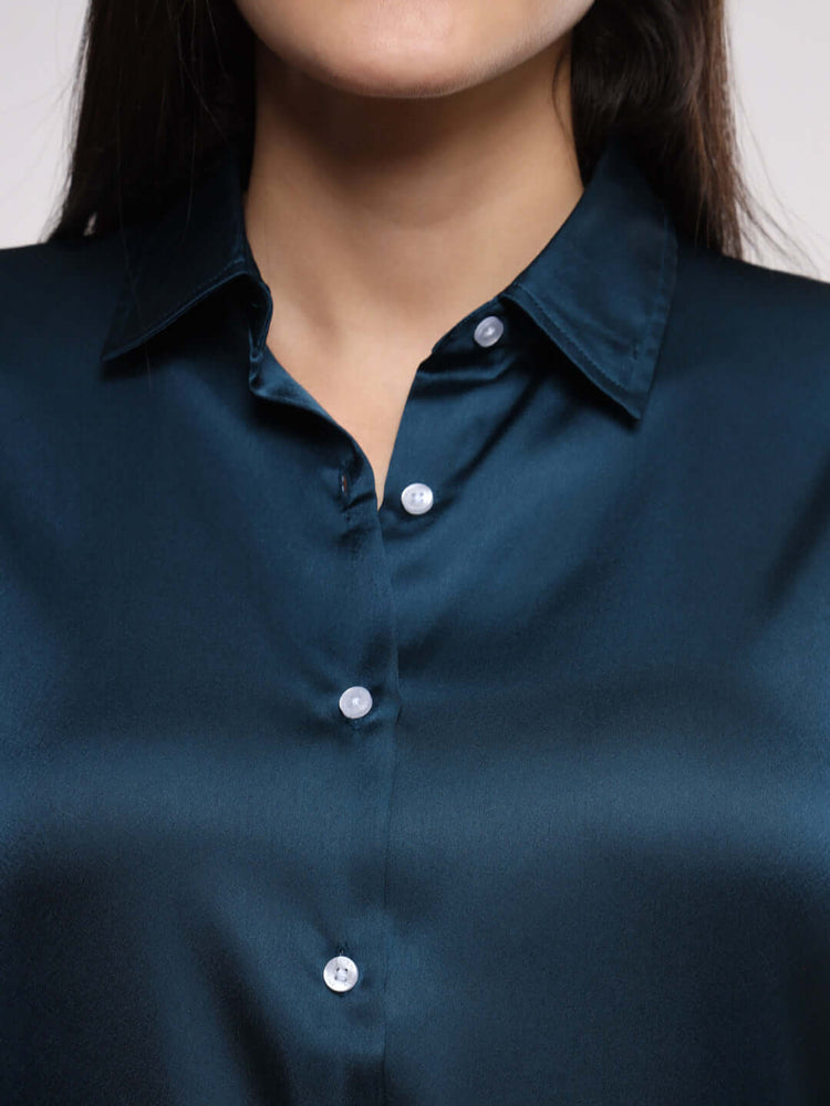 Women'S Premium Deep Teal Drop Shoulder Oversized Satin Shirt