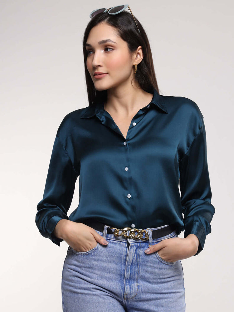 Women'S Premium Deep Teal Drop Shoulder Oversized Satin Shirt