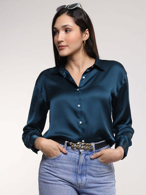 Women's Premium Deep Teal  Drop Shoulder Oversized Summer Satin Shirt