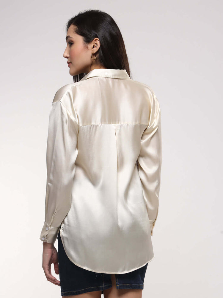 Women'S Premium Off White Drop Shoulder Oversized Satin Shirt