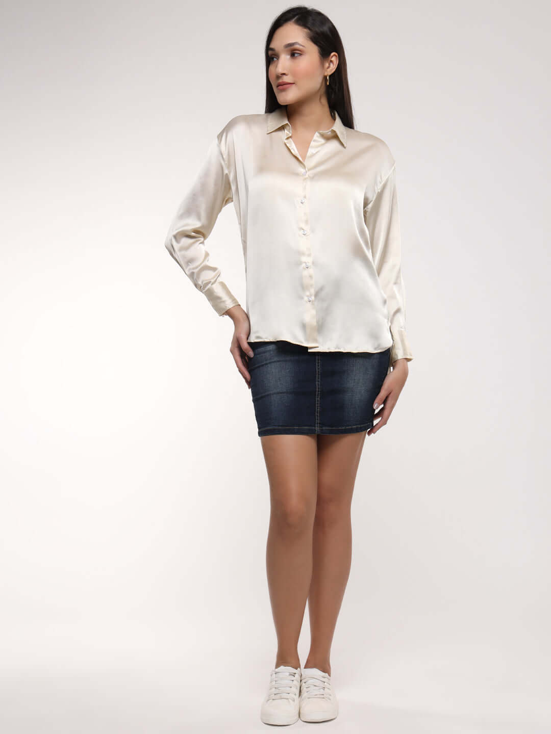 Women'S Premium Off White Drop Shoulder Oversized Satin Shirt