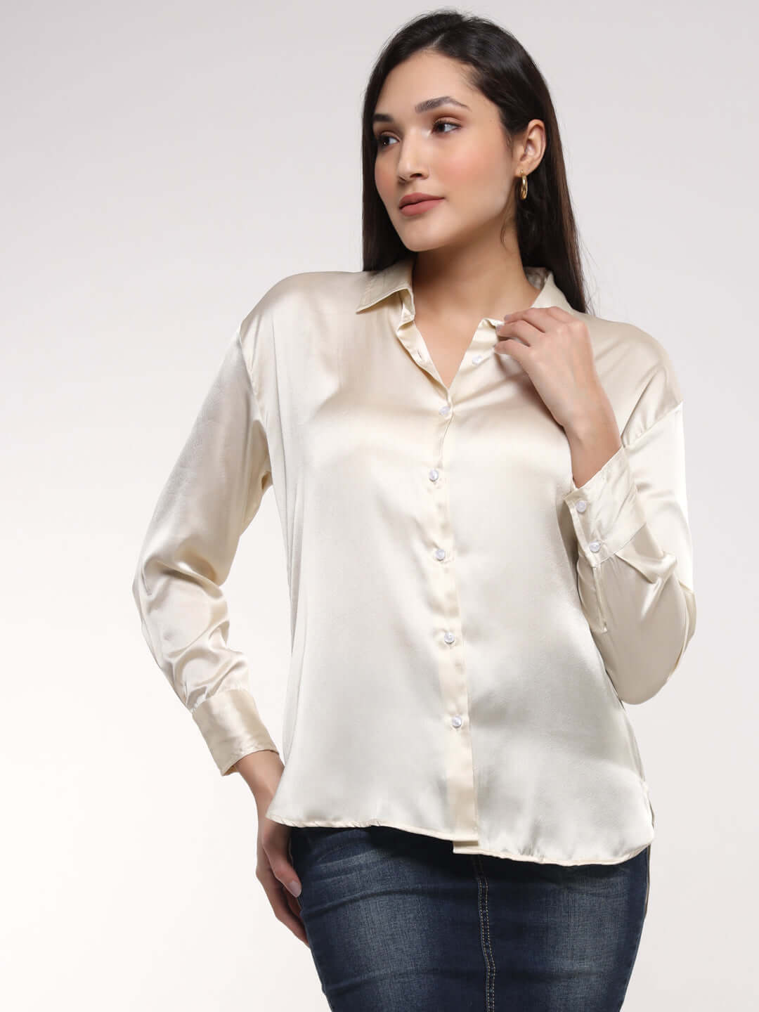 Women's Premium Cream Drop Shoulder Oversized Satin Shirt