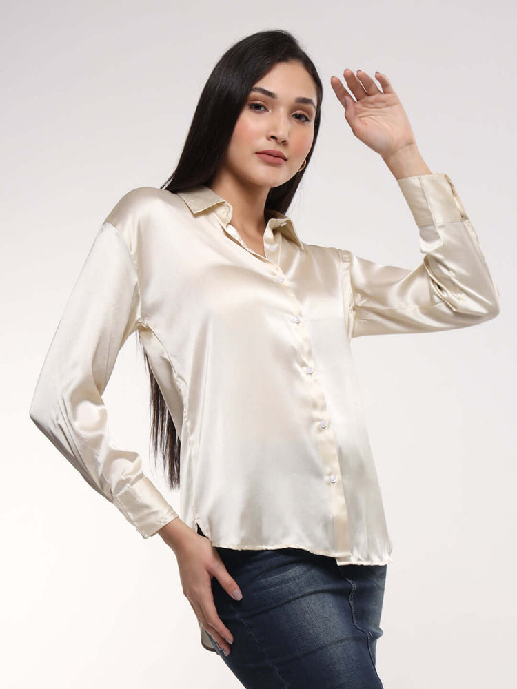 Women'S Premium Off White Drop Shoulder Oversized Satin Shirt