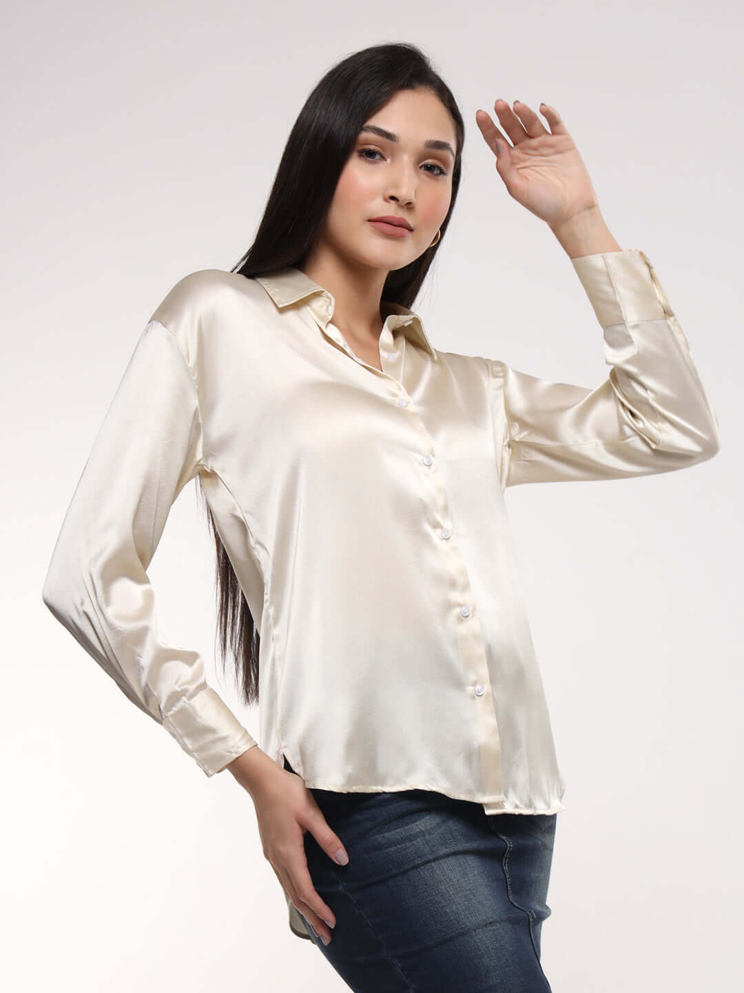 Women's Premium Cream Drop Shoulder Oversized Summer Satin Shirt