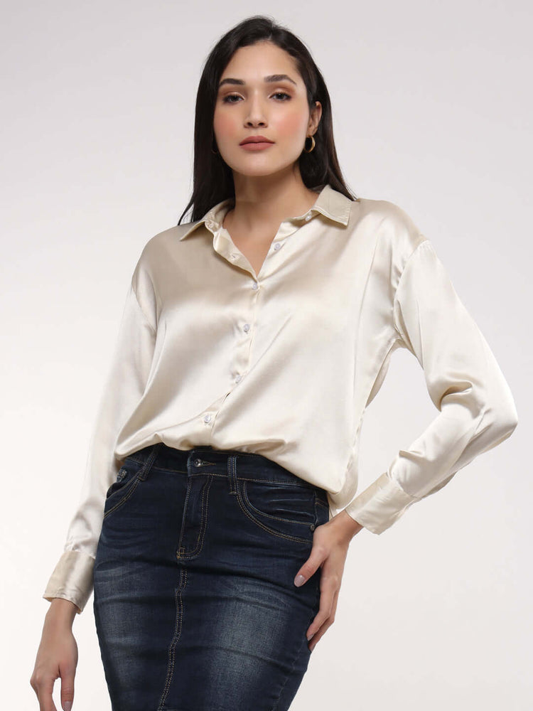 Women'S Premium Off White Drop Shoulder Oversized Satin Shirt