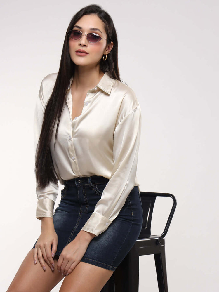 Women'S Premium Off White Drop Shoulder Oversized Satin Shirt