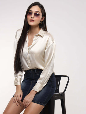 Women's Premium Cream Drop Shoulder Oversized Summer Satin Shirt