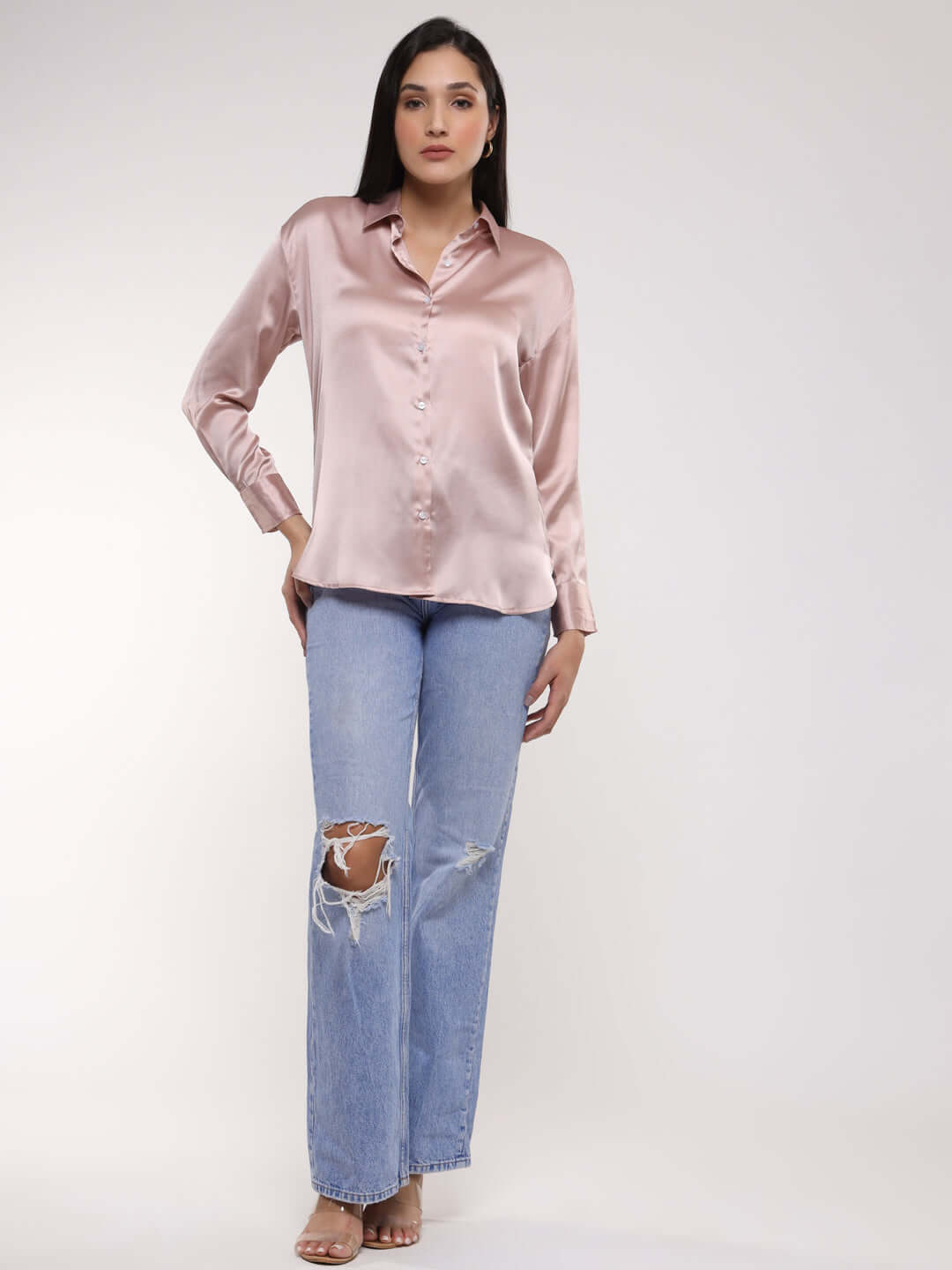 Women'S Premium Orchid Pink Drop Shoulder Oversized Satin Shirt