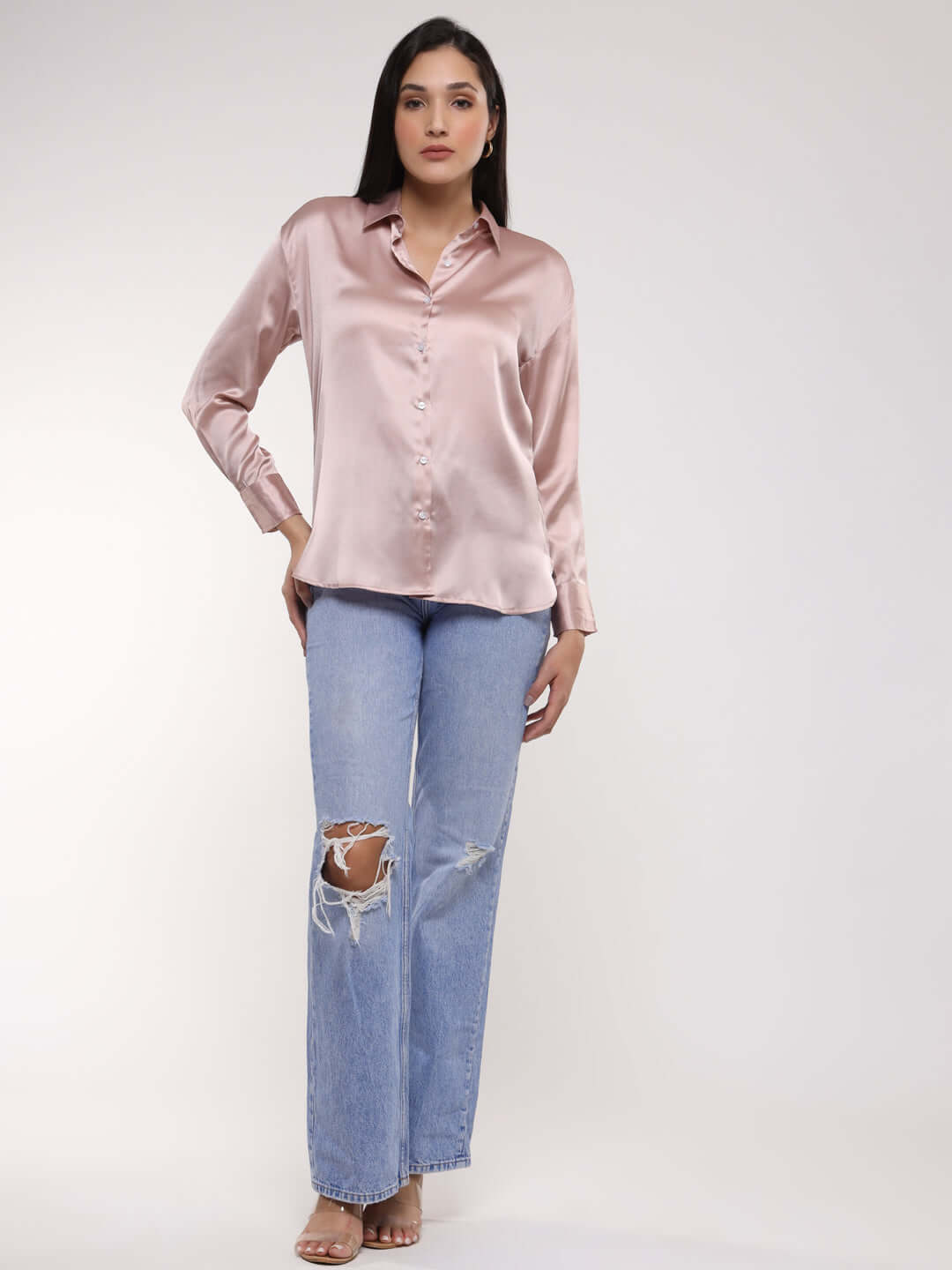 Women's Premium Orchid Pink Drop Shoulder Oversized Satin Shirt