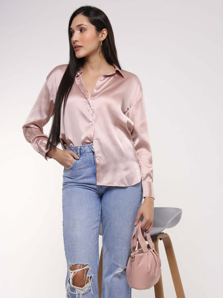 Women'S Premium Orchid Pink Drop Shoulder Oversized Satin Shirt