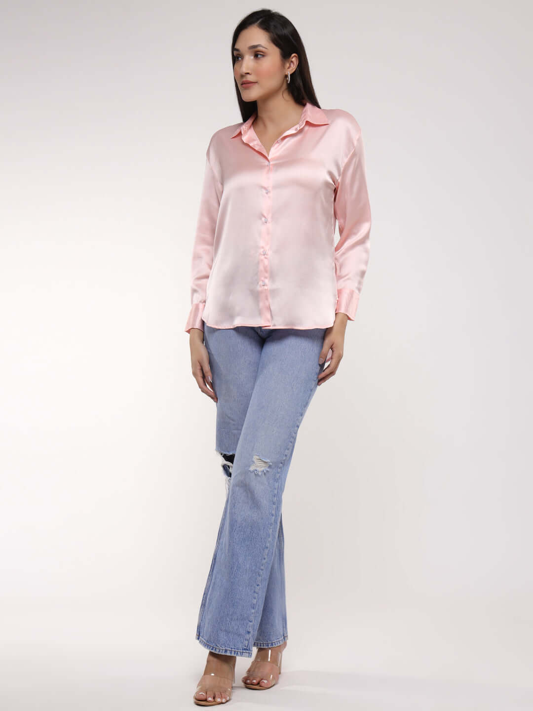 Women's Premium Soft Pink Drop Shoulder Oversized Summer Satin Shirt