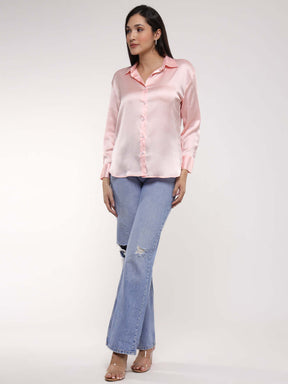 Women's Premium Soft Pink Drop Shoulder Oversized Summer Satin Shirt