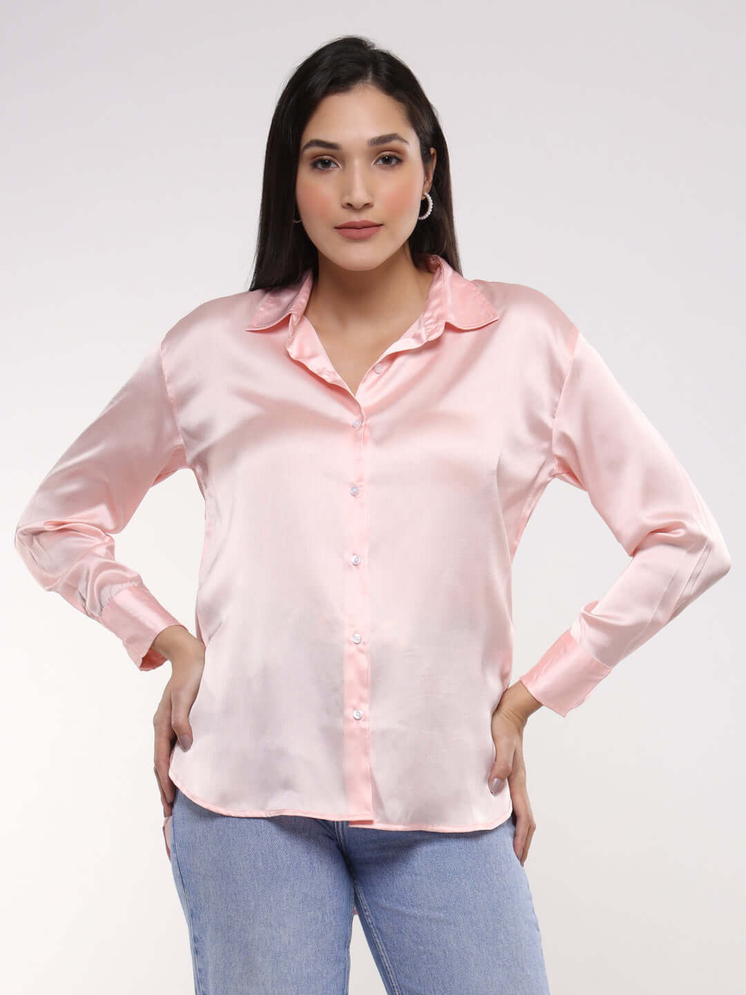 Women's Premium Soft Pink Drop Shoulder Oversized Satin Shirt